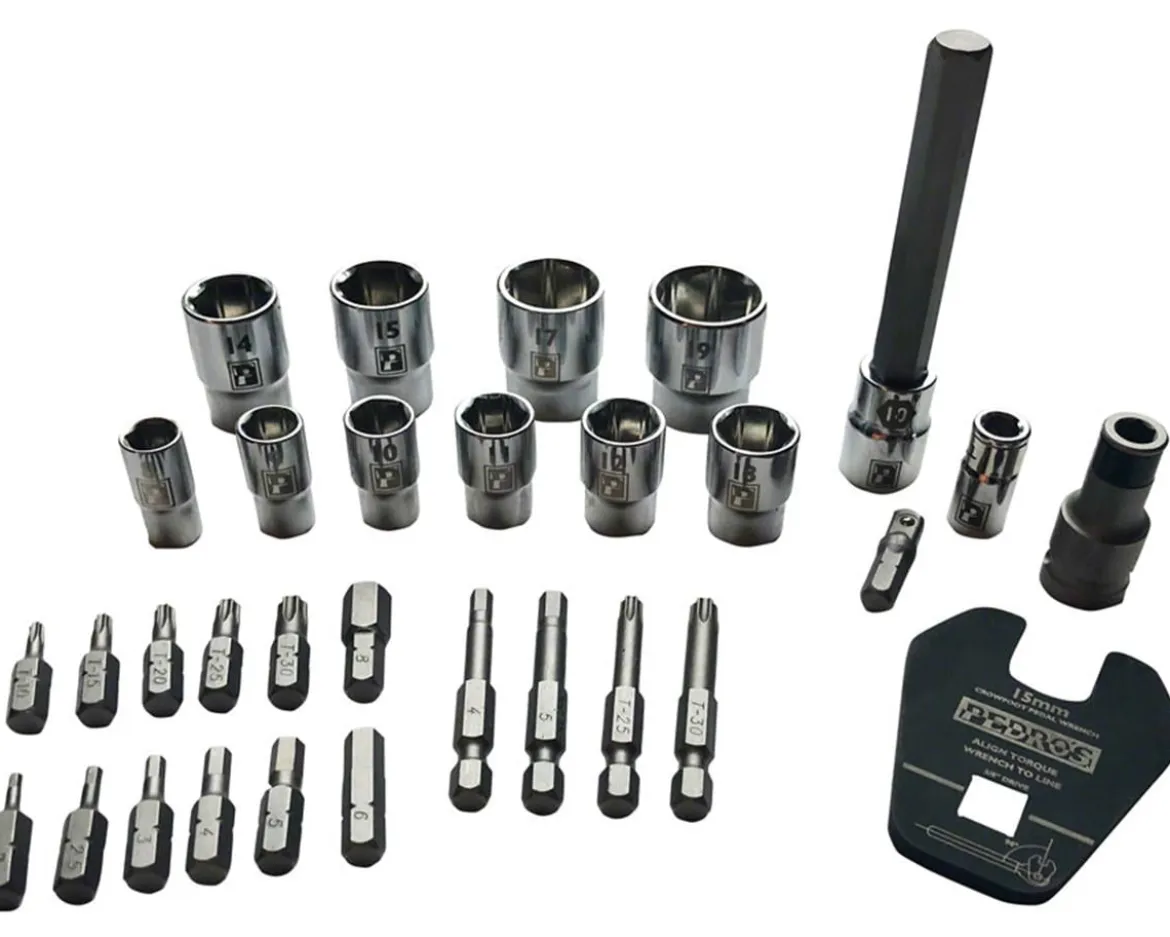 Pedro's Pro Bit & Socket Set (17 Hex & Tox Bits, 10 Sockets, Crowfoot Pedal Wrench)